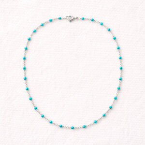 Necklace - 18” Stainless Steel Silver tone with turquoise color Bead Accents